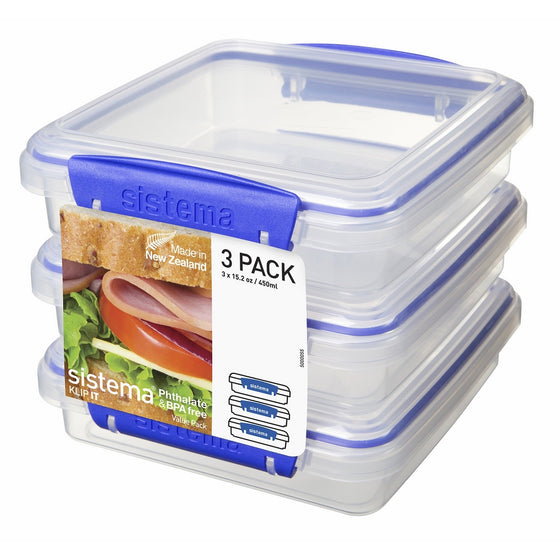 Sistema Klip It Collection Sandwich Box Food Storage Container, 15.2 Ounce/1.9 Cup each, Set of 3