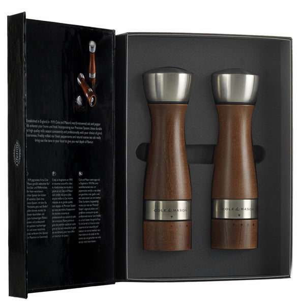 Cole & Mason Oldbury Wood Salt and Pepper Grinder Set - Wooden Mills Include Gift Box, Gourmet Precision Mechanisms and Premium Sea Salt & Peppercorns, Brown