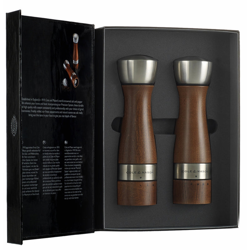 Cole & Mason Oldbury Wood Salt and Pepper Grinder Set - Wooden Mills Include Gift Box, Gourmet Precision Mechanisms and Premium Sea Salt & Peppercorns, Brown