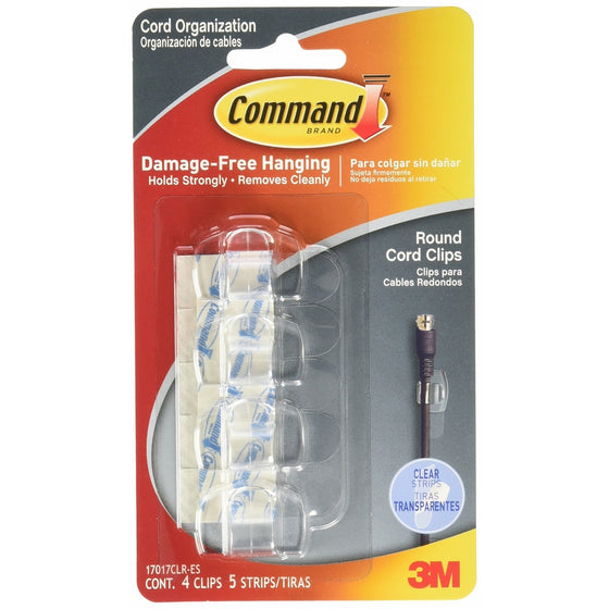 Command Round Cord Clips, Clear, 4-Clips (17017CLRES)