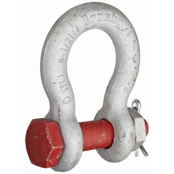 Crosby 1019551 Carbon Steel G-2130 Bolt Type Anchor Shackle, Galvanized, 8-1/2 Ton Working Load Limit, 1" Size