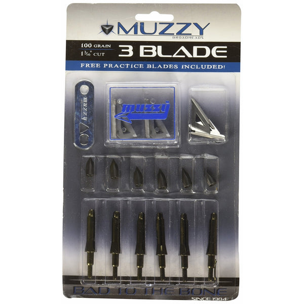 Muzzy 225 Bowhunting 100 Grain, 3 Blade Broadhead, 1-3/16" Cutting Diameter, 6 Pack