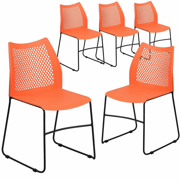 Flash Furniture 5 Pk. HERCULES Series 661 lb. Capacity Orange Sled Base Stack Chair with Air-Vent Back