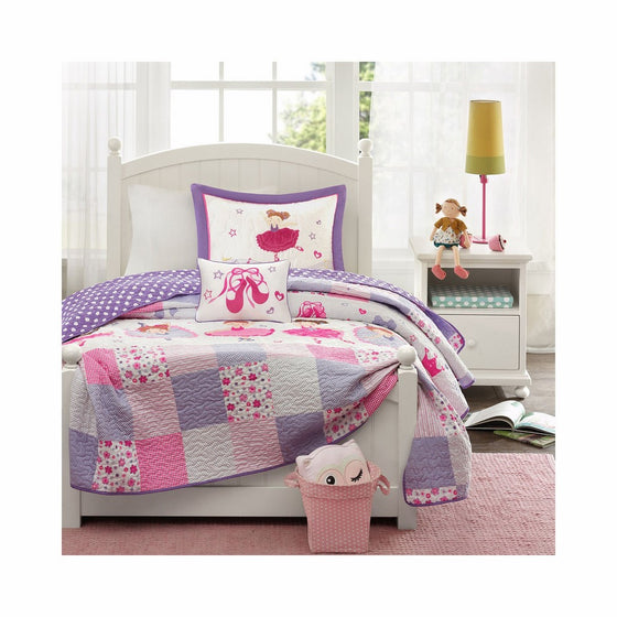 Mi-Zone Kids Twirling Tutu Full/Queen Bedding For Girls Quilt Set - Purple Pink, Princess – 4 Piece Kids Girls Quilts – Ultra Soft Microfiber Quilt Sets Coverlet