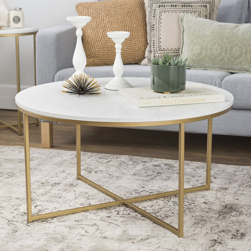 WE Furniture 36" Coffee Table with X-Base - Faux Marble/Gold