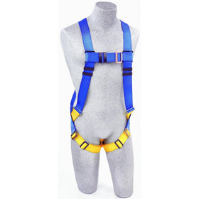 3M Protecta First AB17530-X-Large Fall Protection Full Body 5-Point Adjust Harness, Back D-Ring, Pass-Thru Buckle Legs, 310# Capacity, X-Large, Blue/Yellow