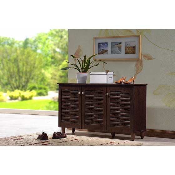 Wholesale Interiors Baxton Studio Winda Modern and Contemporary 3-Door Dark Brown Wooden Entryway Shoes Storage Cabinet