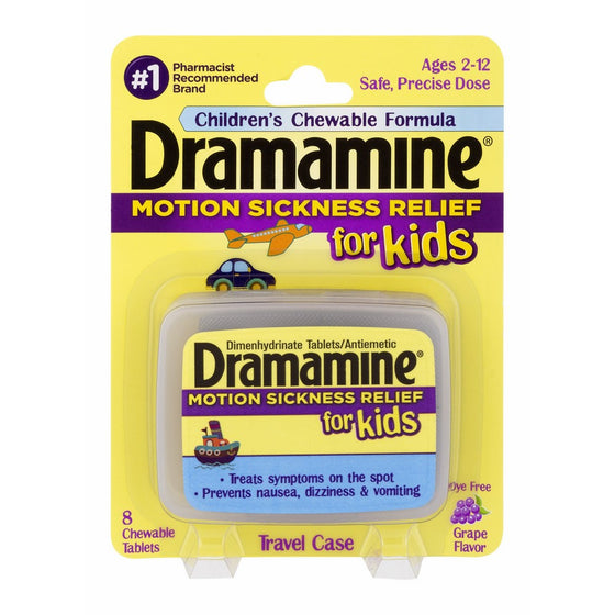 Dramamine Motion Sickness Relief for Kids | Grape Flavor | 8 Count | Children's Chewable Formula to Prevent Nausea, Dizziness, and Vomiting