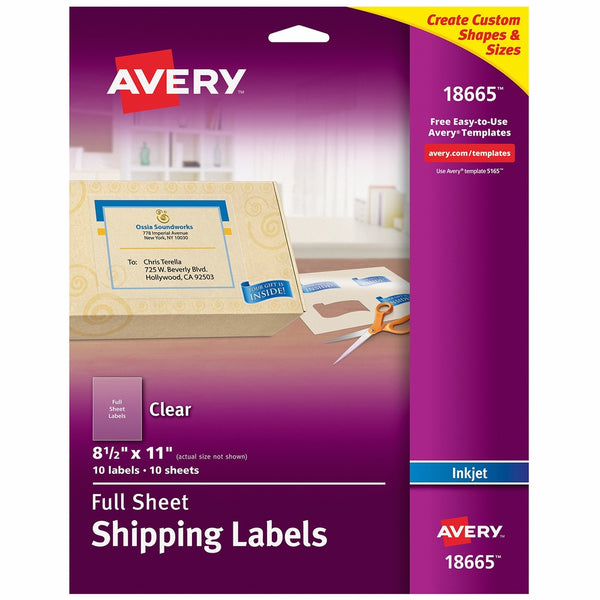 Avery Matte Frosted Clear Full Sheet Labels for Inkjet Printers, 8.5" x 11", 10 Labels (18665)