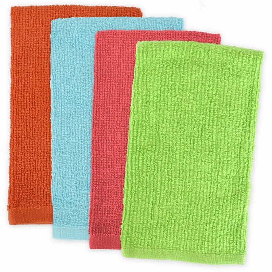 DII Kitchen Bar Mop Cleaning Terrycloth Towels (16 x 19", 4 Pack) Pure Cotton, Machine Washable, Absorbent, Everyday Basic Lint-free Dishtowels - Brights