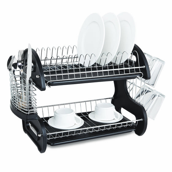 Home Basics Dish Plastic Drainer, 2-Tier, Black