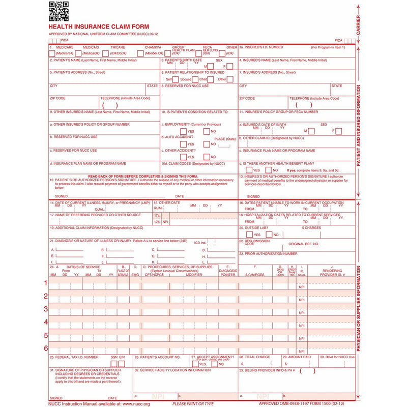 CMS 1500 Claim Forms "ICD-10" HCFA (Version 02/12) - Health Insurance, Laser Cut Sheet - 1000 Sheets