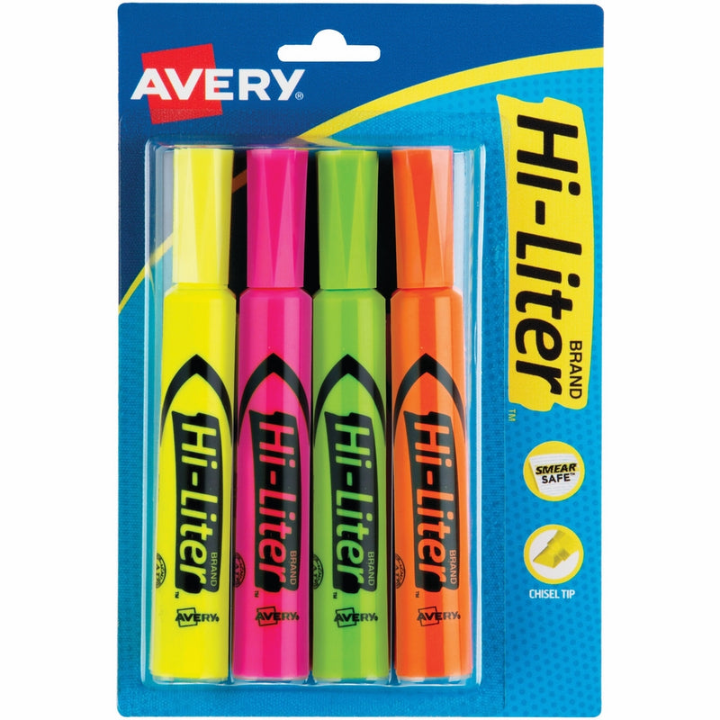 Avery HI-LITER Desk-Style Highlighters, Assorted Colors (1 Fl. Yellow, 1 Fl. Pink, 1 Fl. Green, 1 Fl. Orange) SmearSafe, Nontoxic, Pack of 4 (24063)