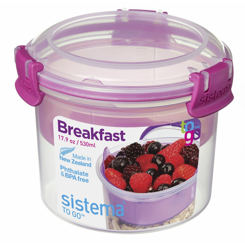 Sistema To Go Collection Breakfast Bowl Food Storage Container, 17.9 Ounce/2.2 Cup, Clear with Assorted Color Accents