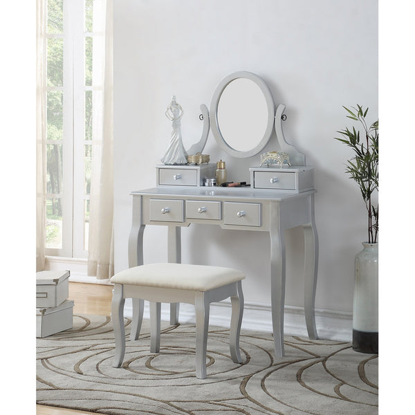 Roundhill Furniture 3418SL Ashley Silver Wood Makeup Vanity Table and Stool Set, Sliver
