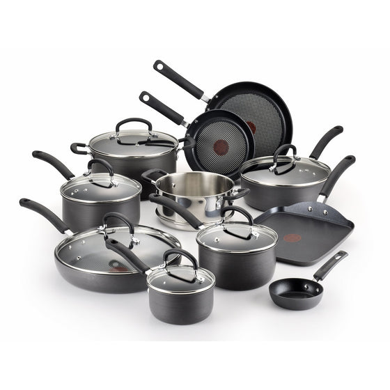 T-fal E765SH Ultimate Hard Anodized Scratch Resistant Titanium Nonstick Thermo-Spot Heat Indicator Anti-Warp Base Dishwasher Safe Oven Safe PFOA Free Cookware Set, 17-Piece, Gray