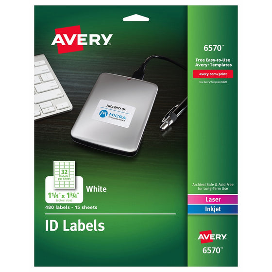 Avery Permanent ID Labels for Laser and Inkjet Printers, 1.25 x 1.75 Inch, White, 480 Labels (6570)