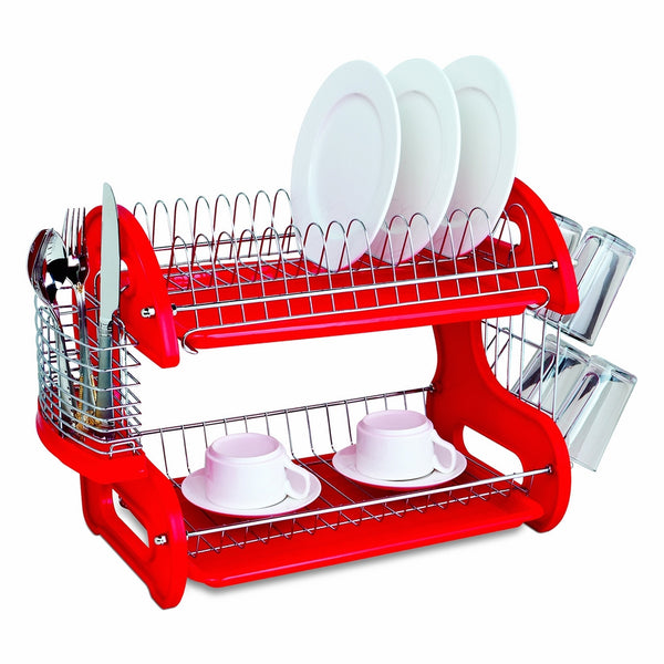 Home Basics Dish Plastic Drainer, 2-Tier, Red