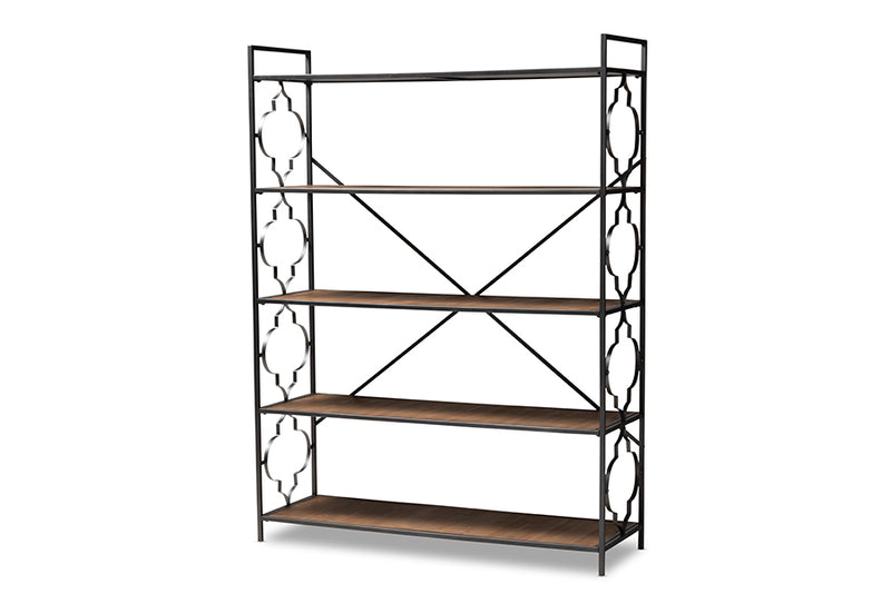 Baxton Studio Mirna Industrial Black Iron Metal and Natural Oak Wood 5-Shelf Quatrefoil Accent Bookcase