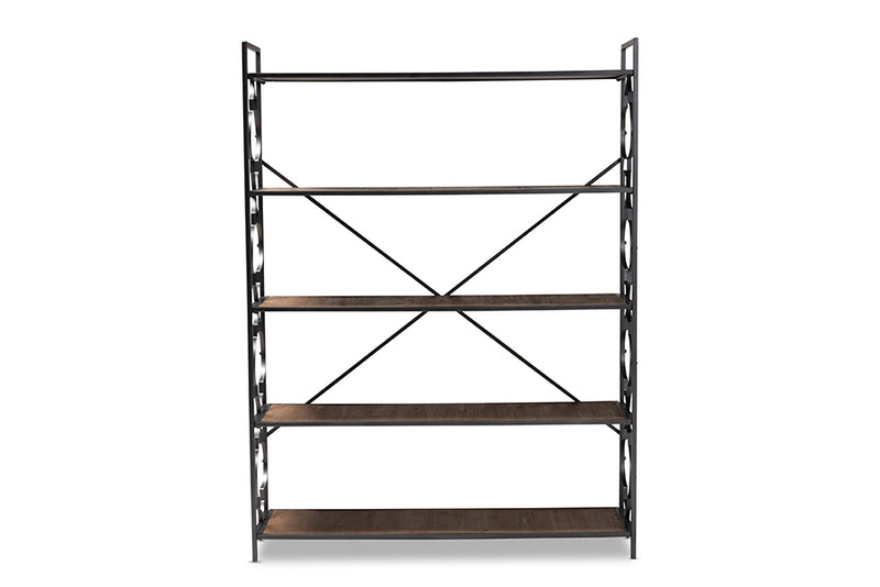 Baxton Studio Mirna Industrial Black Iron Metal and Natural Oak Wood 5-Shelf Quatrefoil Accent Bookcase