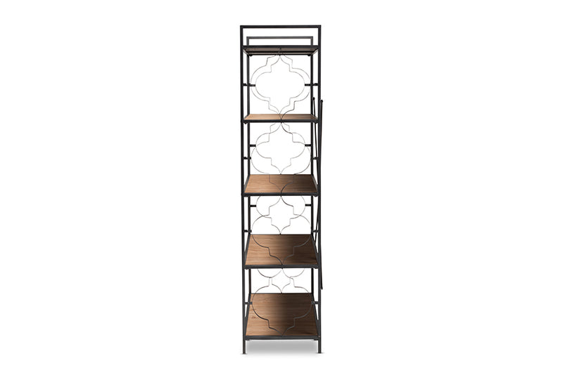Baxton Studio Mirna Industrial Black Iron Metal and Natural Oak Wood 5-Shelf Quatrefoil Accent Bookcase