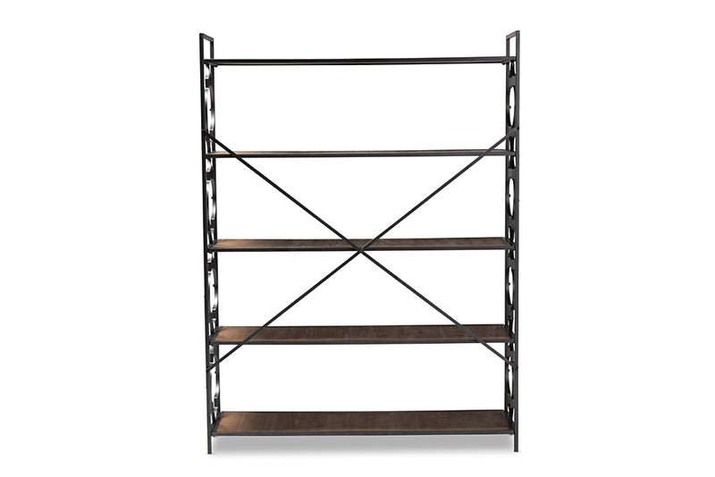 Baxton Studio Mirna Industrial Black Iron Metal and Natural Oak Wood 5-Shelf Quatrefoil Accent Bookcase
