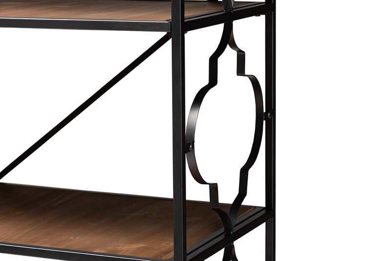 Baxton Studio Mirna Industrial Black Iron Metal and Natural Oak Wood 5-Shelf Quatrefoil Accent Bookcase