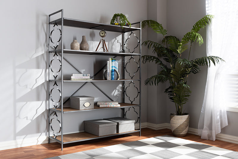 Baxton Studio Mirna Industrial Black Iron Metal and Natural Oak Wood 5-Shelf Quatrefoil Accent Bookcase