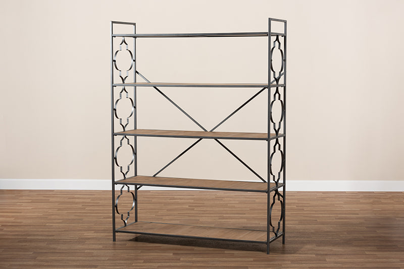 Baxton Studio Mirna Industrial Black Iron Metal and Natural Oak Wood 5-Shelf Quatrefoil Accent Bookcase