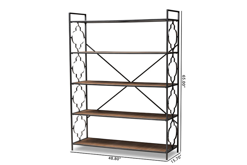 Baxton Studio Mirna Industrial Black Iron Metal and Natural Oak Wood 5-Shelf Quatrefoil Accent Bookcase