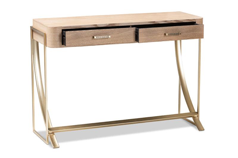 Baxton Studio Lafoy Modern and Contemporary Natural Brown Finished Wood and Gold Finished 2-Drawer Console Table