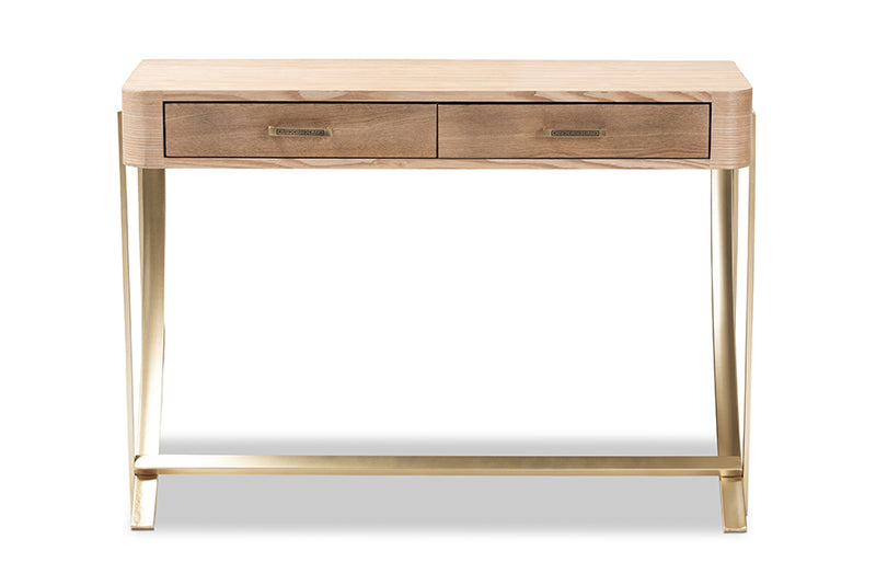 Baxton Studio Lafoy Modern and Contemporary Natural Brown Finished Wood and Gold Finished 2-Drawer Console Table