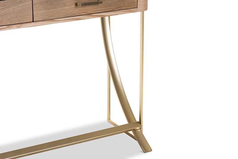 Baxton Studio Lafoy Modern and Contemporary Natural Brown Finished Wood and Gold Finished 2-Drawer Console Table