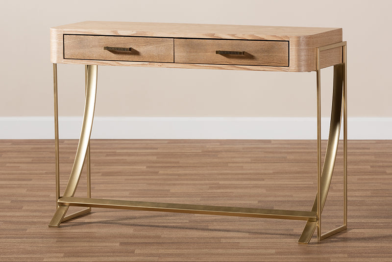 Baxton Studio Lafoy Modern and Contemporary Natural Brown Finished Wood and Gold Finished 2-Drawer Console Table