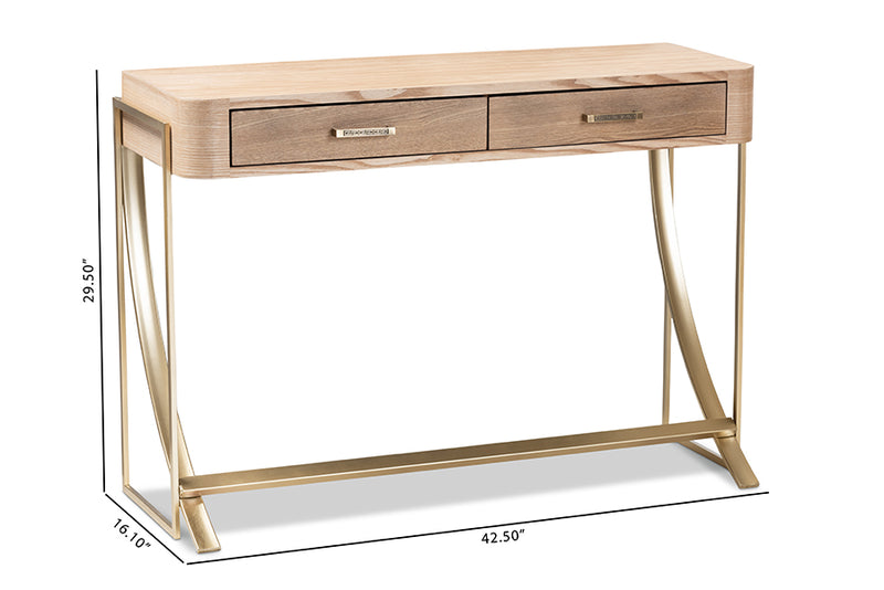 Baxton Studio Lafoy Modern and Contemporary Natural Brown Finished Wood and Gold Finished 2-Drawer Console Table