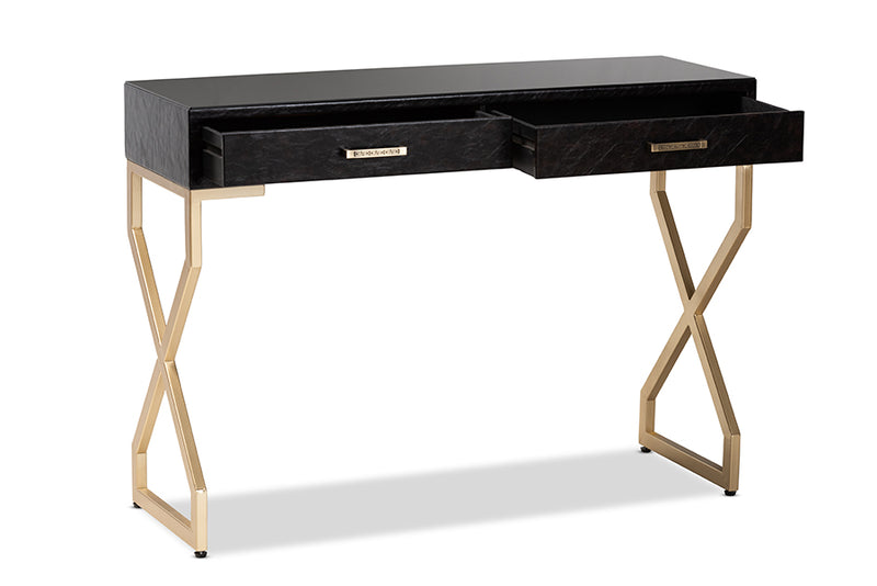 Baxton Studio Carville Modern and Contemporary Dark Brown Faux Leather Upholstered Gold Finished 2-Drawer Console Table