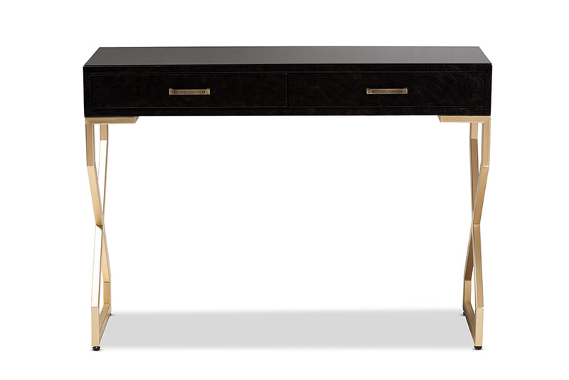 Baxton Studio Carville Modern and Contemporary Dark Brown Faux Leather Upholstered Gold Finished 2-Drawer Console Table