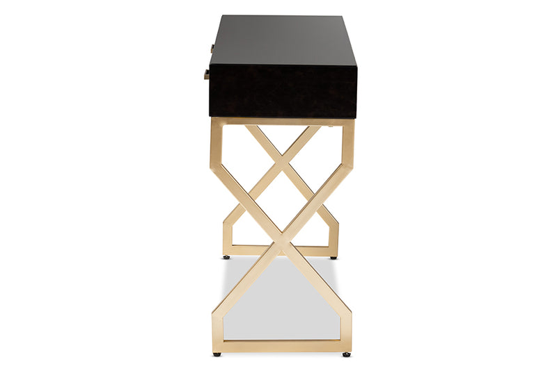 Baxton Studio Carville Modern and Contemporary Dark Brown Faux Leather Upholstered Gold Finished 2-Drawer Console Table