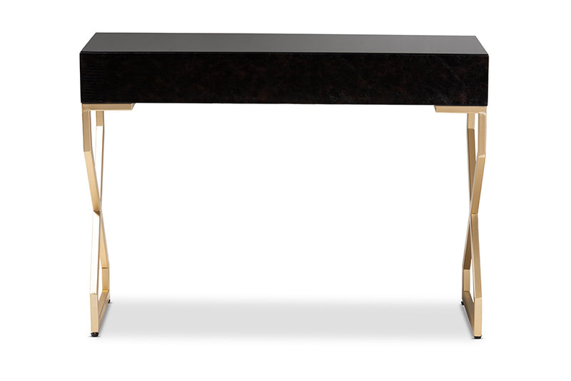 Baxton Studio Carville Modern and Contemporary Dark Brown Faux Leather Upholstered Gold Finished 2-Drawer Console Table
