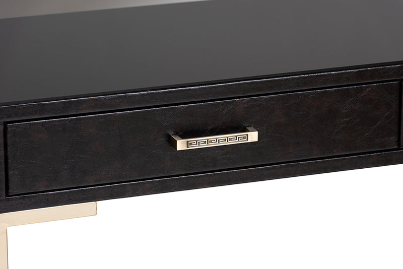 Baxton Studio Carville Modern and Contemporary Dark Brown Faux Leather Upholstered Gold Finished 2-Drawer Console Table