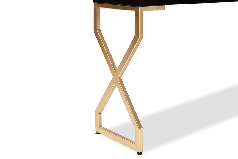 Baxton Studio Carville Modern and Contemporary Dark Brown Faux Leather Upholstered Gold Finished 2-Drawer Console Table
