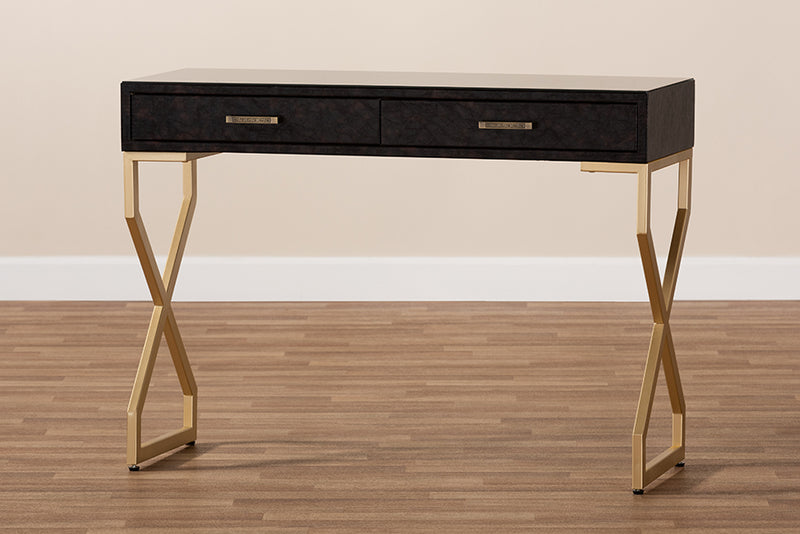 Baxton Studio Carville Modern and Contemporary Dark Brown Faux Leather Upholstered Gold Finished 2-Drawer Console Table