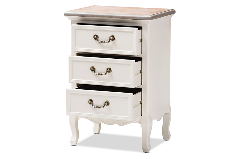 Baxton Studio Capucine Antique French Country Cottage Two Tone Natural Whitewashed Oak and White Finished Wood 3-Drawer Nightstand