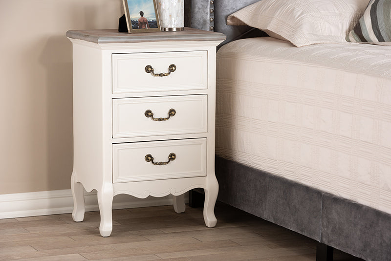 Baxton Studio Capucine Antique French Country Cottage Two Tone Natural Whitewashed Oak and White Finished Wood 3-Drawer Nightstand