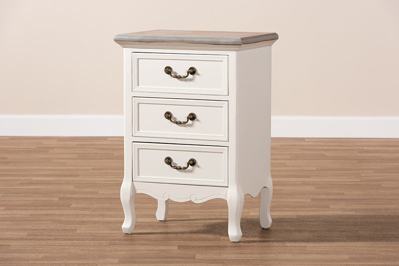 Baxton Studio Capucine Antique French Country Cottage Two Tone Natural Whitewashed Oak and White Finished Wood 3-Drawer Nightstand