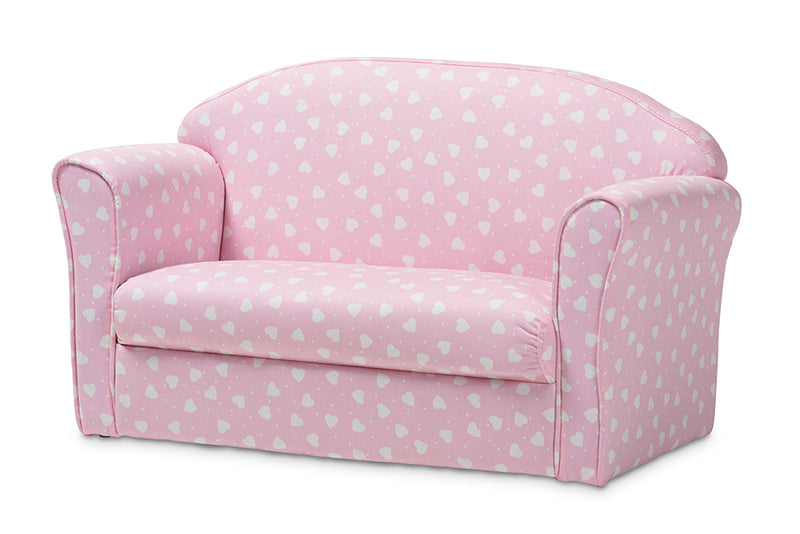 Baxton Studio Erica Modern and Contemporary Pink and White Heart Patterned Fabric Upholstered Kids 2-Seater Sofa