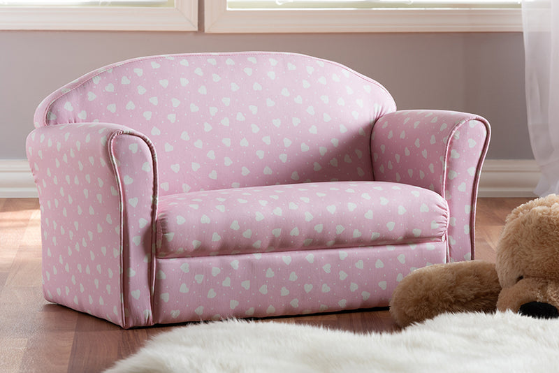 Baxton Studio Erica Modern and Contemporary Pink and White Heart Patterned Fabric Upholstered Kids 2-Seater Sofa