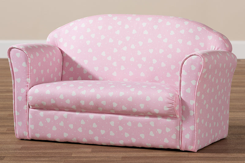 Baxton Studio Erica Modern and Contemporary Pink and White Heart Patterned Fabric Upholstered Kids 2-Seater Sofa