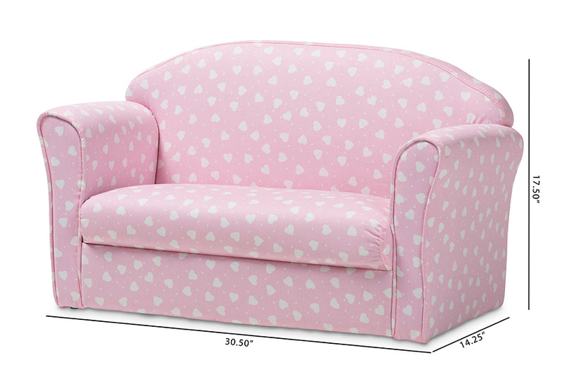 Baxton Studio Erica Modern and Contemporary Pink and White Heart Patterned Fabric Upholstered Kids 2-Seater Sofa
