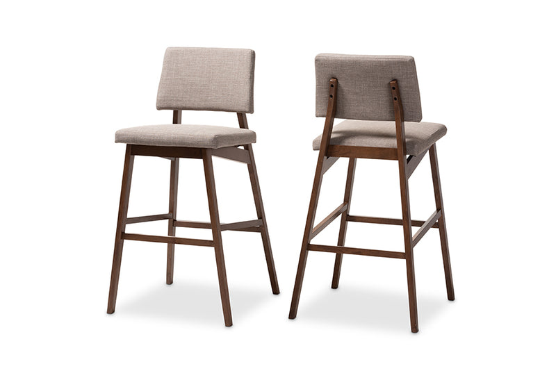Baxton Studio Colton Mid-Century Modern Light Gray Fabric Upholstered and Walnut-Finished Wood Bar Stool Set of 2